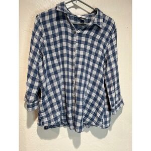 CJ Banks Womens 1X Blue White Gingham Cotton Gauze Roll Tab 3/4 Sleeve Shirt